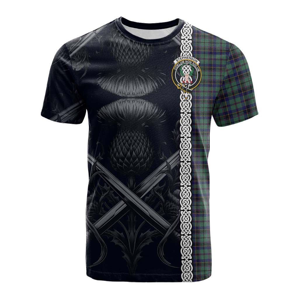 Tartan Vibes Clothing Stephenson (Stevenson) Tartan Cotton T-shirt with Family Crest Cross Sword Thistle Celtic Vibes