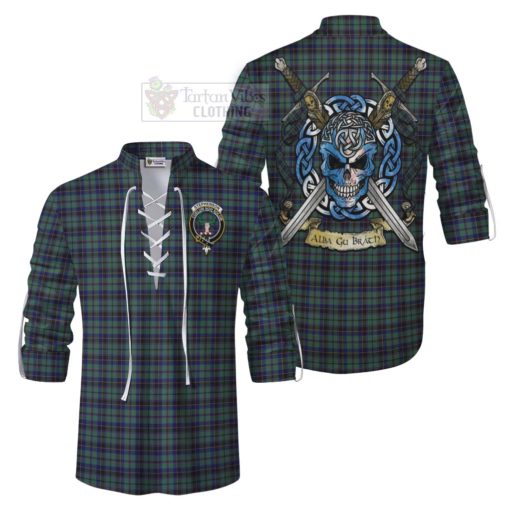 Stephenson (Stevenson) Tartan Ghillie Kilt Shirt with Family Crest Celtic Skull Style Men - Tartan Vibes Clothing
