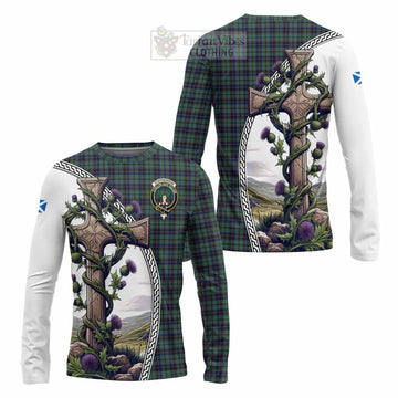 Stephenson (Stevenson) Tartan Long Sleeve T-Shirt with Family Crest and St. Andrew's Cross Accented by Thistle Vines Unisex - Tartan Vibes Clothing