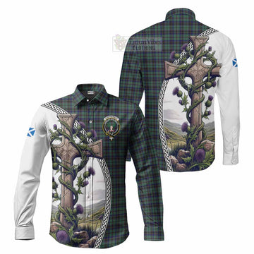 Stephenson (Stevenson) Tartan Long Sleeve Button Shirt with Family Crest and St. Andrew's Cross Accented by Thistle Vines Men's Shirt S - Tartan Vibes Clothing