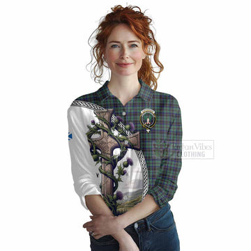 Stephenson (Stevenson) Tartan Women's Casual Shirt with Family Crest and St. Andrew's Cross Accented by Thistle Vines Female - Tartan Vibes Clothing