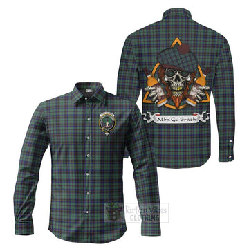 Stephenson (Stevenson) Tartan Long Sleeve Button Shirt with Family Crest and Bearded Skull Holding Bottles of Whiskey Men's Shirt S - Tartan Vibes Clothing