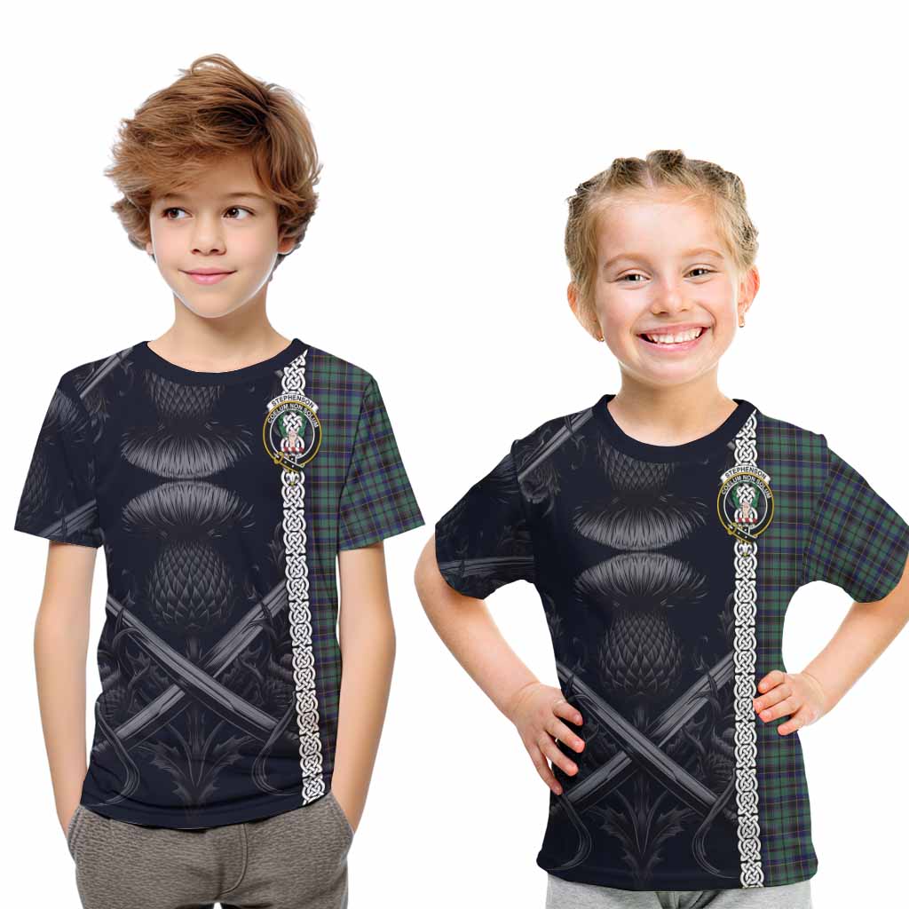 Stephenson (Stevenson) Tartan Kid T-Shirt with Family Crest Cross Sword Thistle Celtic Vibes Youth XL Size14 - Tartan Vibes Clothing