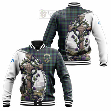 Stephenson (Stevenson) Tartan Baseball Jacket with Family Crest and St. Andrew's Cross Accented by Thistle Vines Unisex - Tartan Vibes Clothing