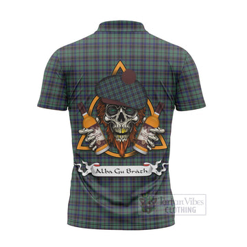 Stephenson (Stevenson) Tartan Zipper Polo Shirt with Family Crest and Bearded Skull Holding Bottles of Whiskey - Tartan Vibes Clothing