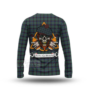 Stephenson (Stevenson) Tartan Long Sleeve T-Shirt with Family Crest and Bearded Skull Holding Bottles of Whiskey - Tartan Vibes Clothing