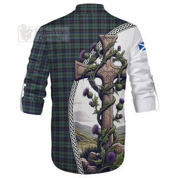 Stephenson (Stevenson) Tartan Ghillie Kilt Shirt with Family Crest and St. Andrew's Cross Accented by Thistle Vines - Tartan Vibes Clothing
