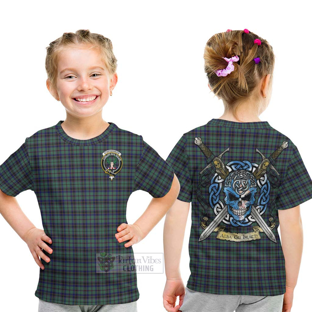 Stephenson (Stevenson) Tartan Kid T-Shirt with Family Crest Celtic Skull Style - Tartan Vibes Clothing