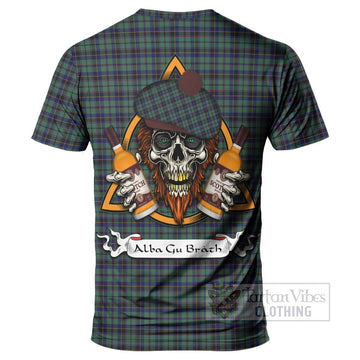 Stephenson (Stevenson) Tartan T-Shirt with Family Crest and Bearded Skull Holding Bottles of Whiskey - Tartan Vibes Clothing