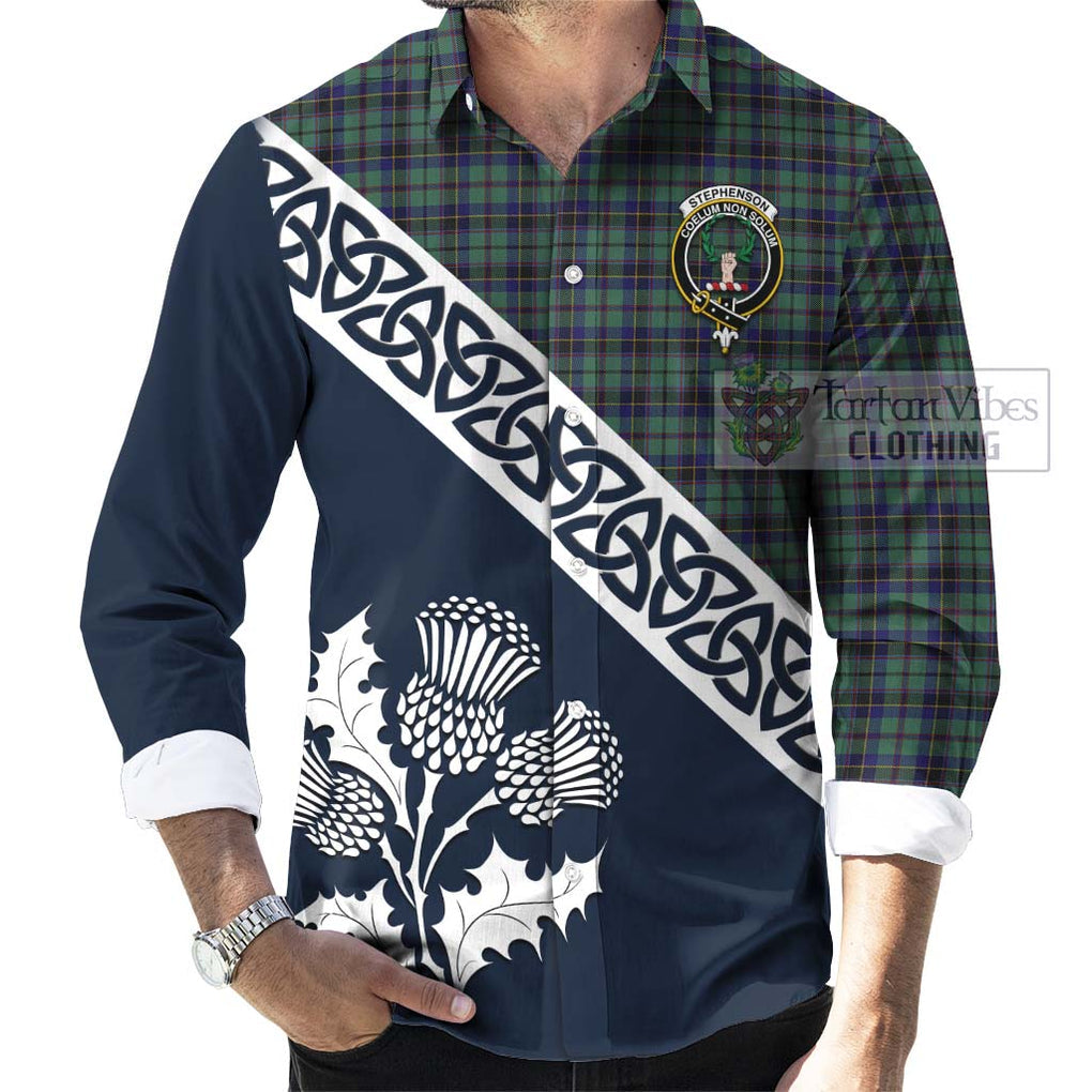 Stephenson (Stevenson) Tartan Long Sleeve Button Shirt Featuring Thistle and Scotland Map Men's Shirt - Tartan Vibes Clothing