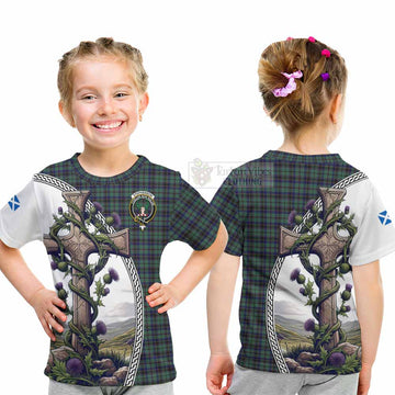 Stephenson (Stevenson) Tartan Kid T-Shirt with Family Crest and St. Andrew's Cross Accented by Thistle Vines - Tartan Vibes Clothing
