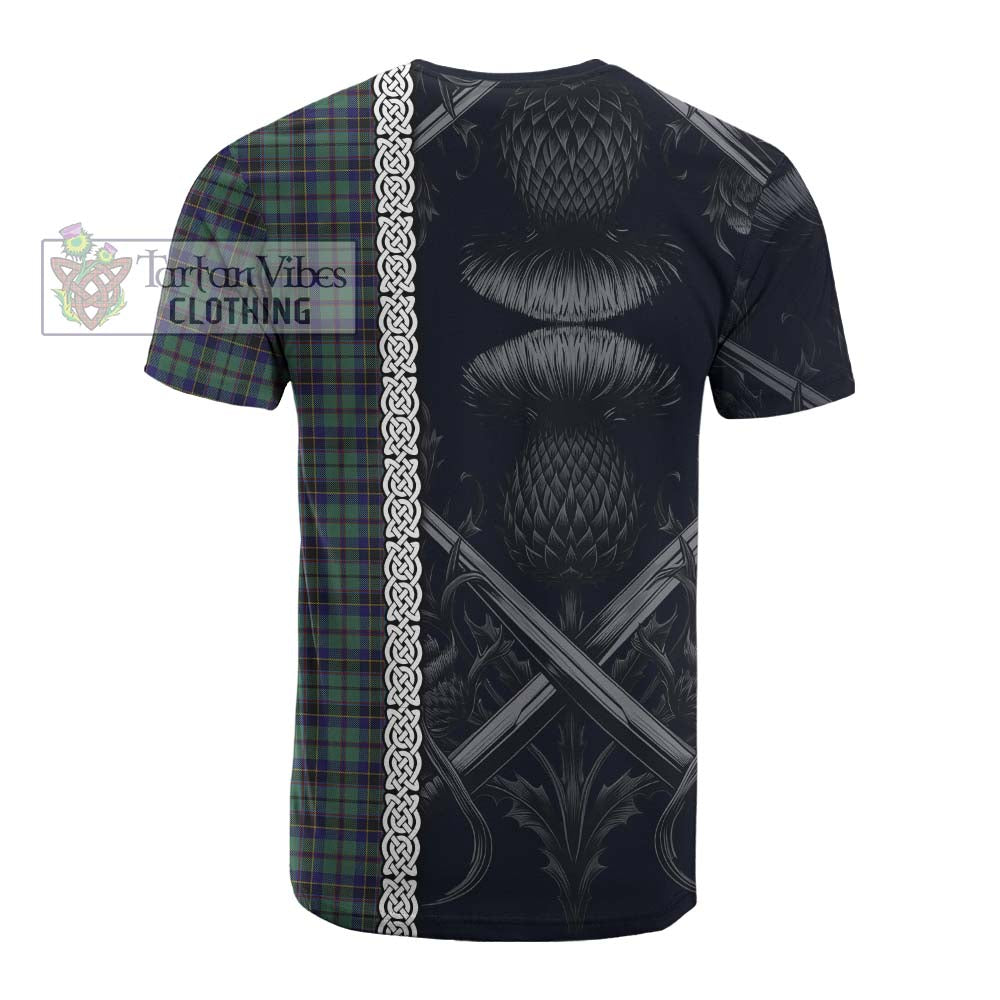Tartan Vibes Clothing Stephenson (Stevenson) Tartan Cotton T-shirt with Family Crest Cross Sword Thistle Celtic Vibes