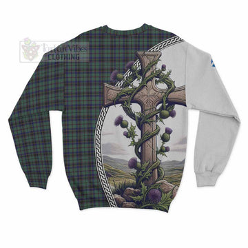 Stephenson (Stevenson) Tartan Sweatshirt with Family Crest and St. Andrew's Cross Accented by Thistle Vines - Tartan Vibes Clothing