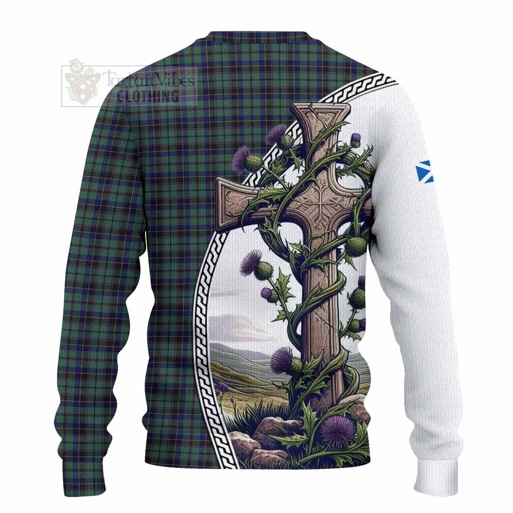Stephenson (Stevenson) Tartan Knitted Sweater with Family Crest and St. Andrew's Cross Accented by Thistle Vines - Tartan Vibes Clothing
