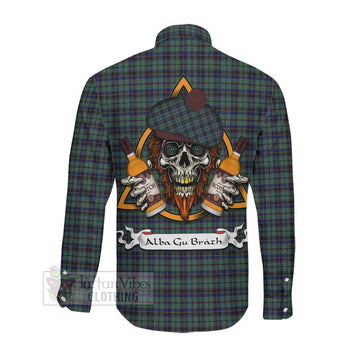 Stephenson (Stevenson) Tartan Long Sleeve Button Shirt with Family Crest and Bearded Skull Holding Bottles of Whiskey Men's Shirt - Tartan Vibes Clothing