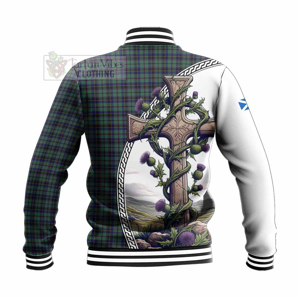Stephenson (Stevenson) Tartan Baseball Jacket with Family Crest and St. Andrew's Cross Accented by Thistle Vines - Tartan Vibes Clothing