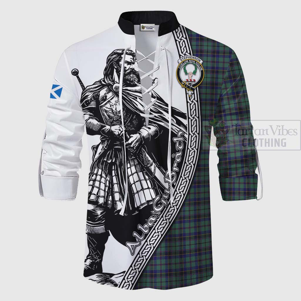 Stephenson (Stevenson) Tartan Clan Crest Ghillie Kilt Shirt with Highlander Warrior Celtic Style - Tartan Vibes Clothing