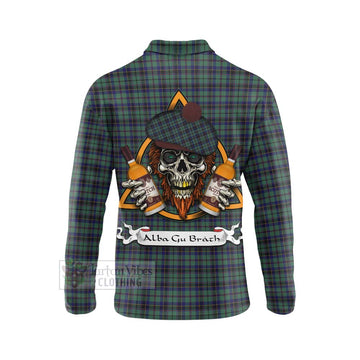 Stephenson (Stevenson) Tartan Long Sleeve Polo Shirt with Family Crest and Bearded Skull Holding Bottles of Whiskey - Tartan Vibes Clothing
