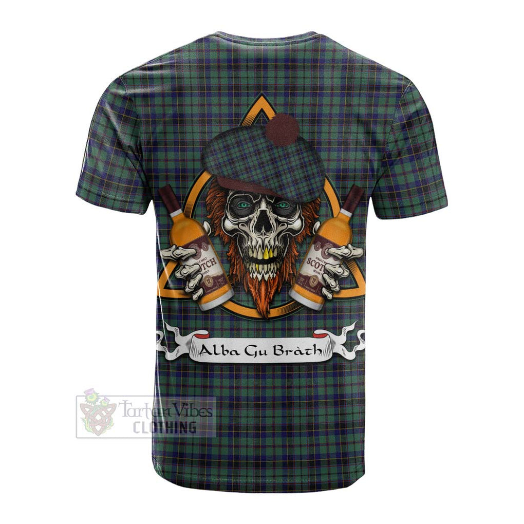 Tartan Vibes Clothing Stephenson (Stevenson) Tartan Cotton T-shirt with Family Crest and Bearded Skull Holding Bottles of Whiskey