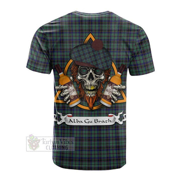 Tartan Vibes Clothing Stephenson (Stevenson) Tartan Cotton T-shirt with Family Crest and Bearded Skull Holding Bottles of Whiskey