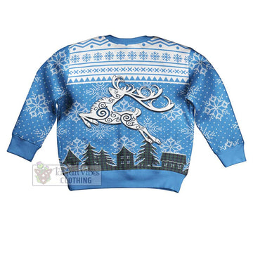 Stephenson (Stevenson) Clan Christmas Kid Ugly Sweater with Tartan and Celtic Reindeer Style - Tartan Vibes Clothing
