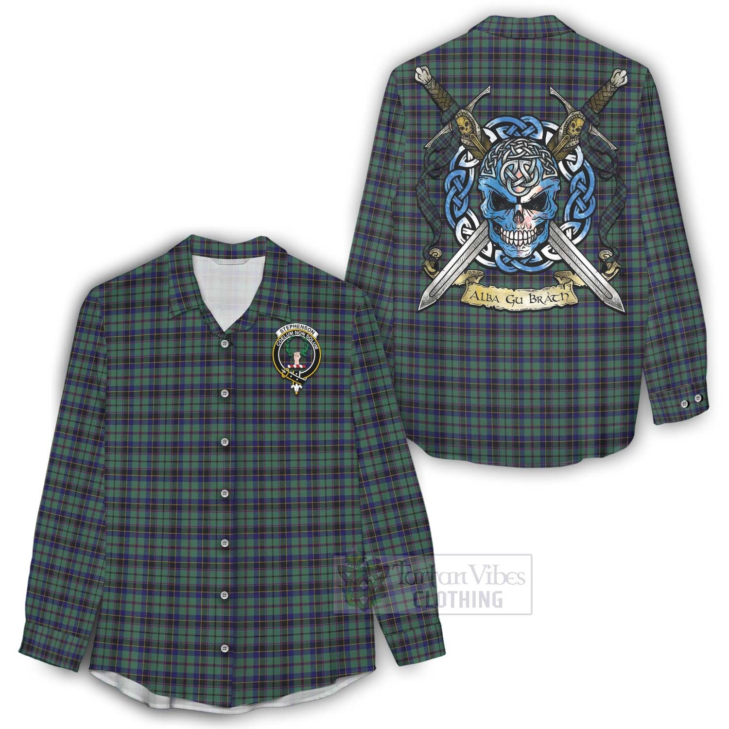 Stephenson (Stevenson) Tartan Women's Casual Shirt with Family Crest Celtic Skull Style - Tartan Vibes Clothing