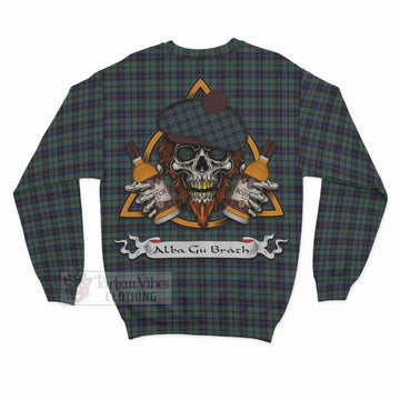 Stephenson (Stevenson) Tartan Sweatshirt with Family Crest and Bearded Skull Holding Bottles of Whiskey - Tartan Vibes Clothing