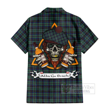 Stephenson (Stevenson) Tartan Hawaiian Shirt with Family Crest and Bearded Skull Holding Bottles of Whiskey - Tartan Vibes Clothing