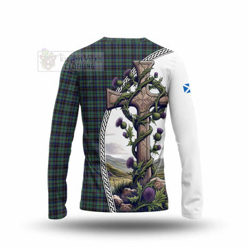 Stephenson (Stevenson) Tartan Long Sleeve T-Shirt with Family Crest and St. Andrew's Cross Accented by Thistle Vines - Tartan Vibes Clothing