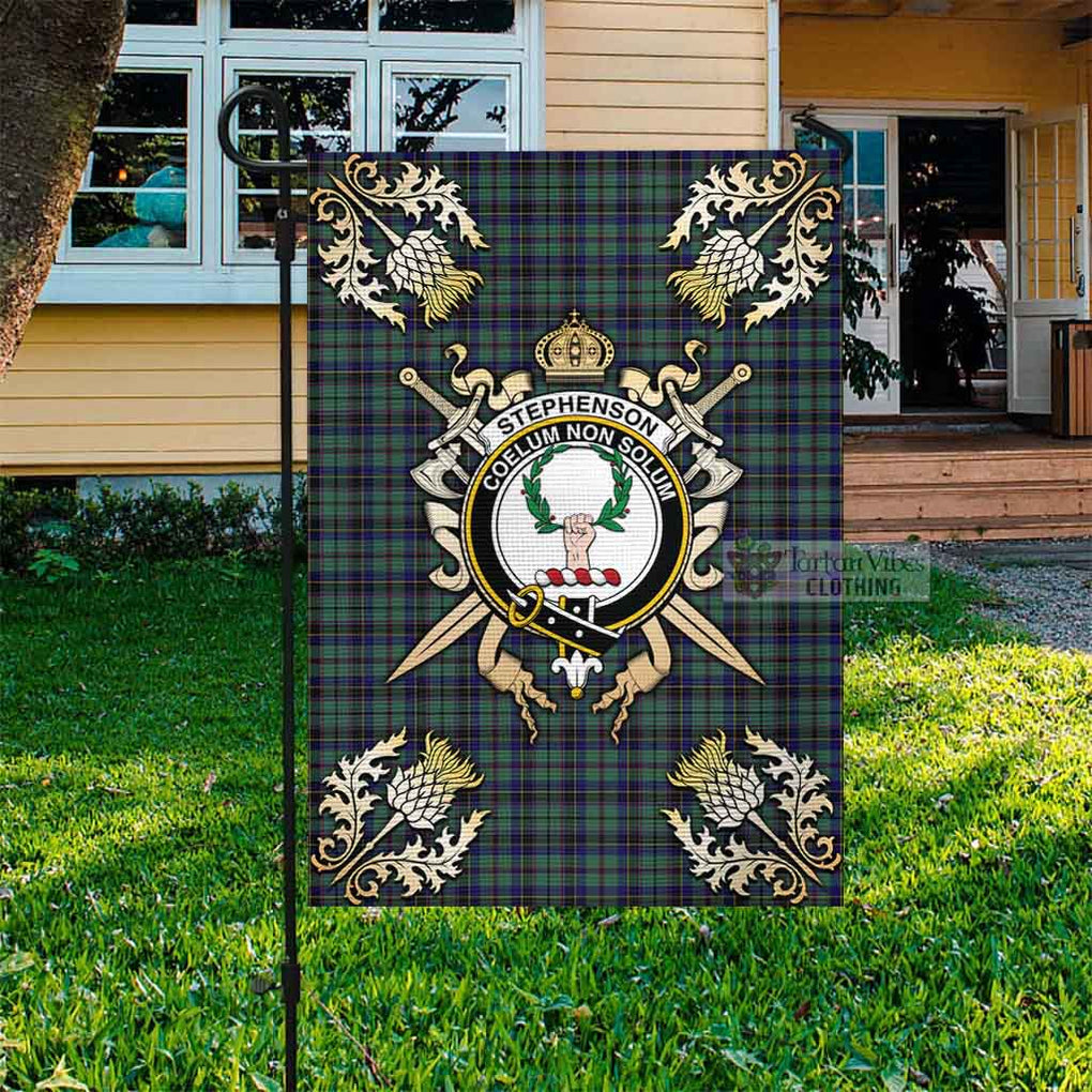 Tartan Vibes Clothing Stephenson (Stevenson) Tartan Flag with Family Crest and Golden Thistle Crossed Sword Design