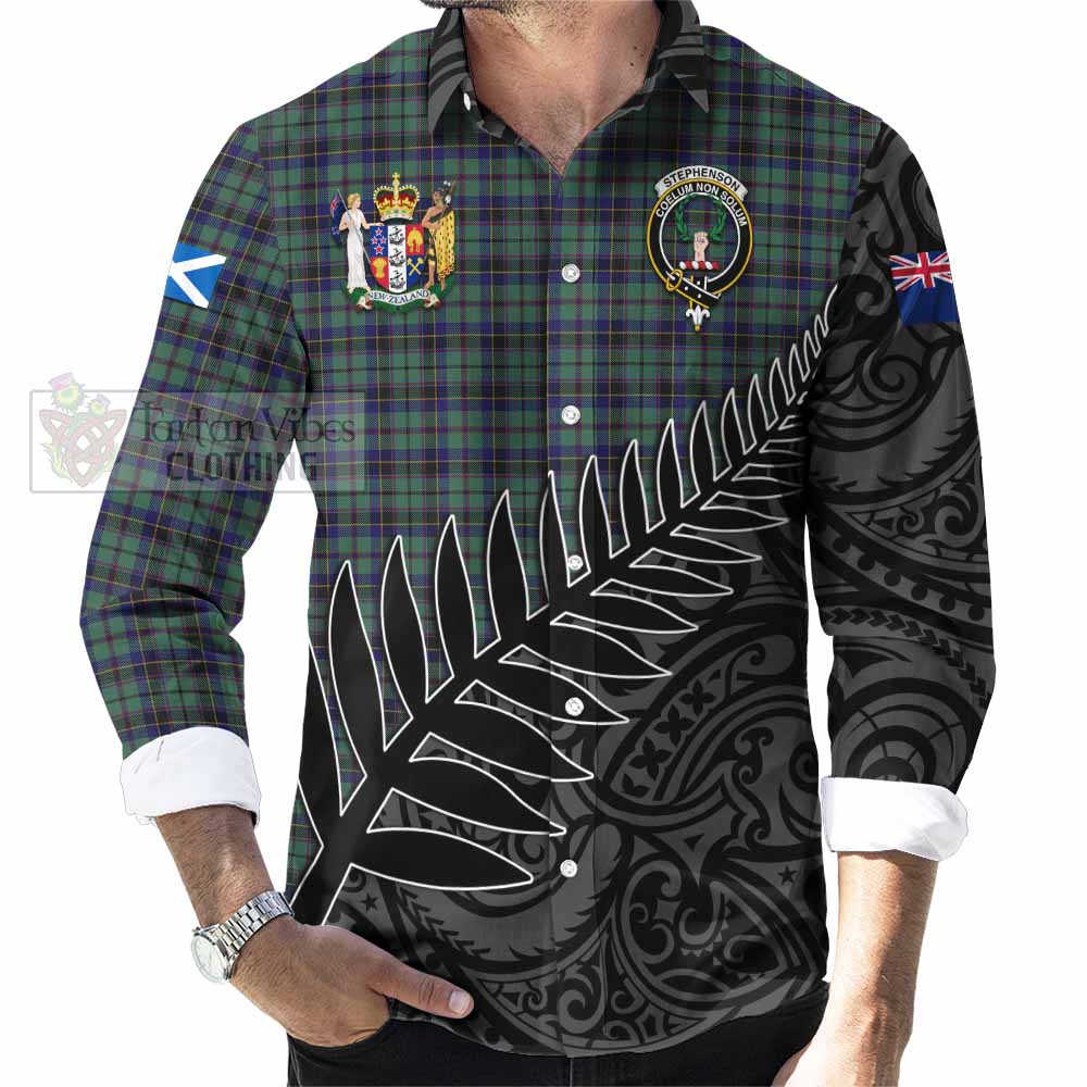 Stephenson (Stevenson) Crest Tartan Long Sleeve Button Shirt with New Zealand Silver Fern Half Style - Tartan Vibes Clothing