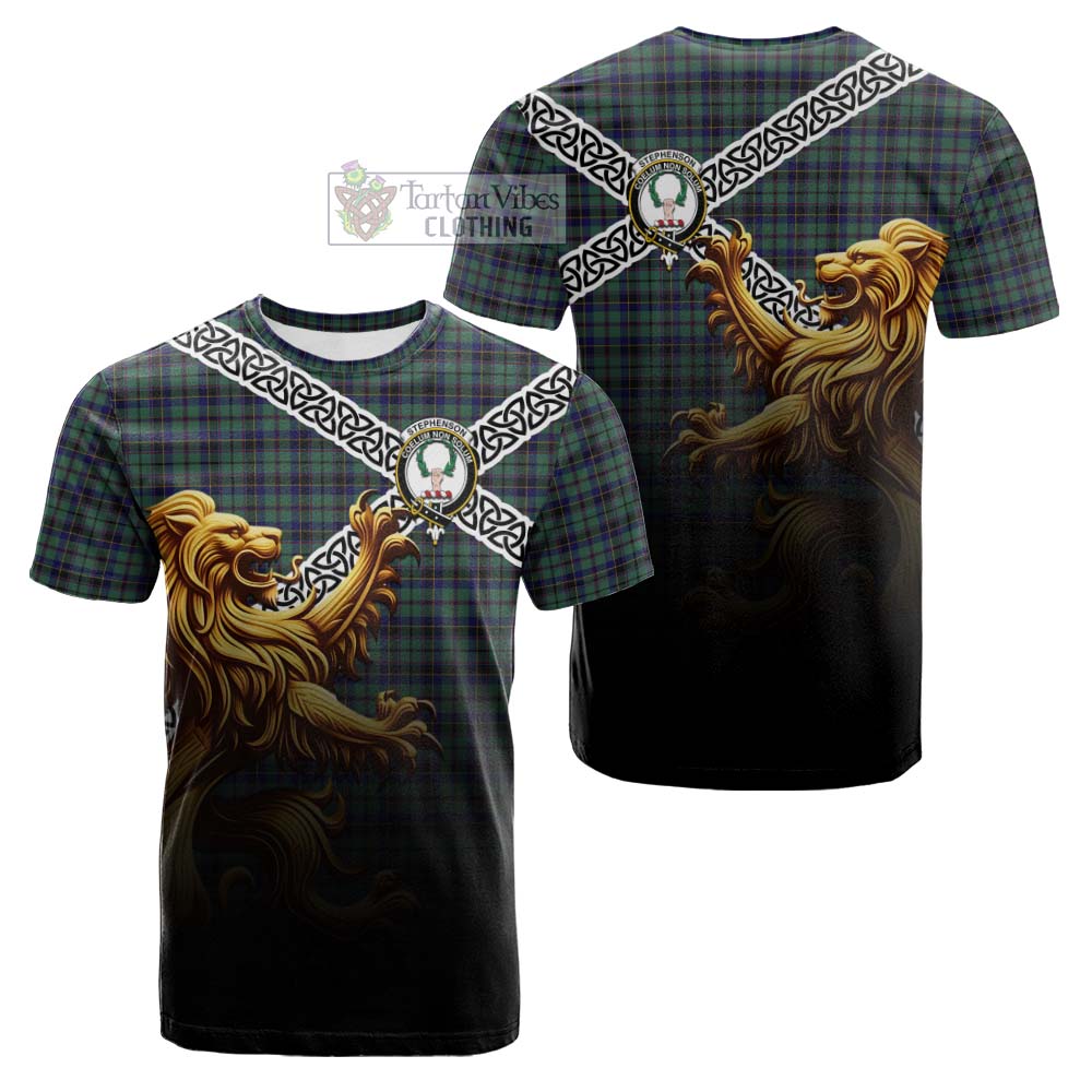 Tartan Vibes Clothing Stephenson (Stevenson) Crest Tartan Cotton T-shirt with Golden Lion Emblem Celtic Style