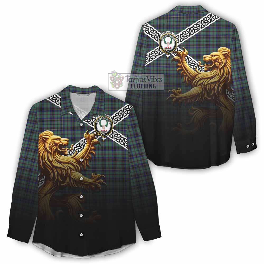 Stephenson (Stevenson) Crest Tartan Women's Casual Shirt with Golden Lion Emblem Celtic Style - Tartan Vibes Clothing