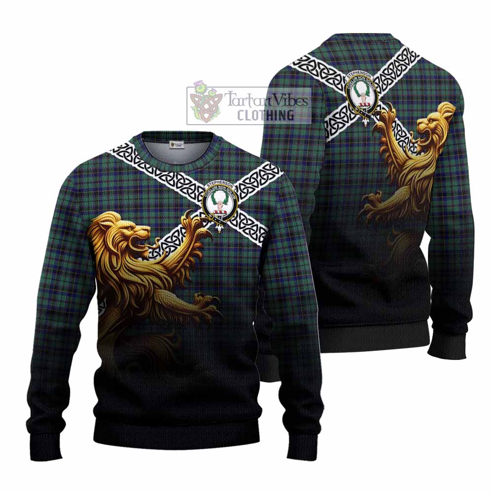 Stephenson (Stevenson) Crest Tartan Knitted Sweater with Golden Lion Emblem Celtic Style - Tartan Vibes Clothing