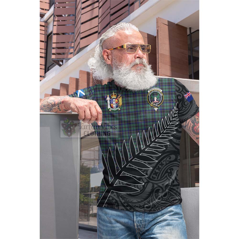 Tartan Vibes Clothing Stephenson (Stevenson) Crest Tartan Cotton T-shirt with New Zealand Silver Fern Half Style