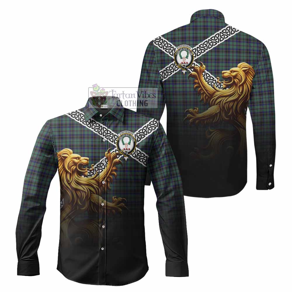 Stephenson (Stevenson) Crest Tartan Long Sleeve Button Shirt with Golden Lion Emblem Celtic Style - Tartan Vibes Clothing