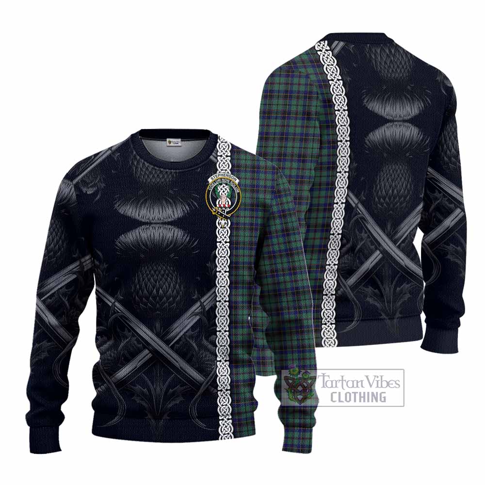 Stephenson (Stevenson) Tartan Knitted Sweater with Family Crest Cross Sword Thistle Celtic Vibes - Tartan Vibes Clothing