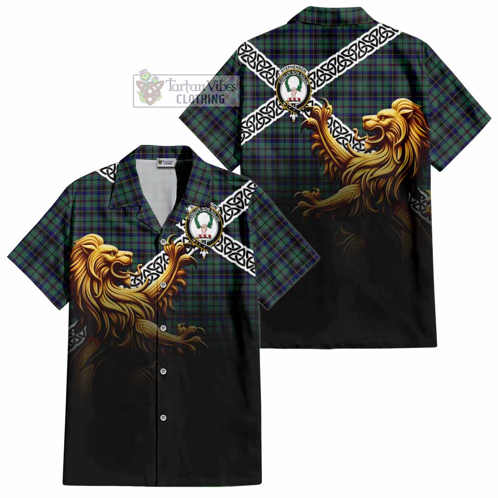 Stephenson (Stevenson) Crest Tartan Hawaiian Shirt with Golden Lion Emblem Celtic Style - Tartan Vibes Clothing
