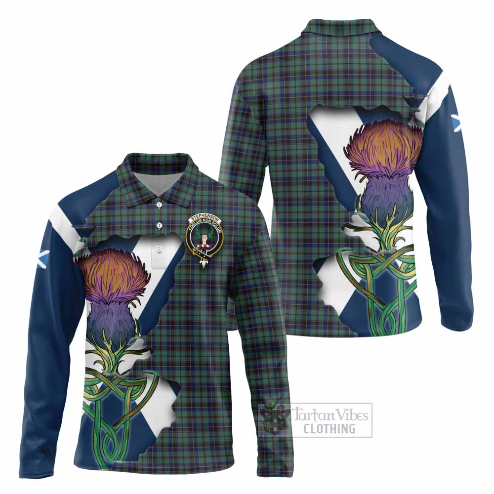 Tartan Vibes Clothing Stephenson (Stevenson) Tartan Family Crest Long Sleeve Polo Shirt Scottish Thistle Celtic Inspired