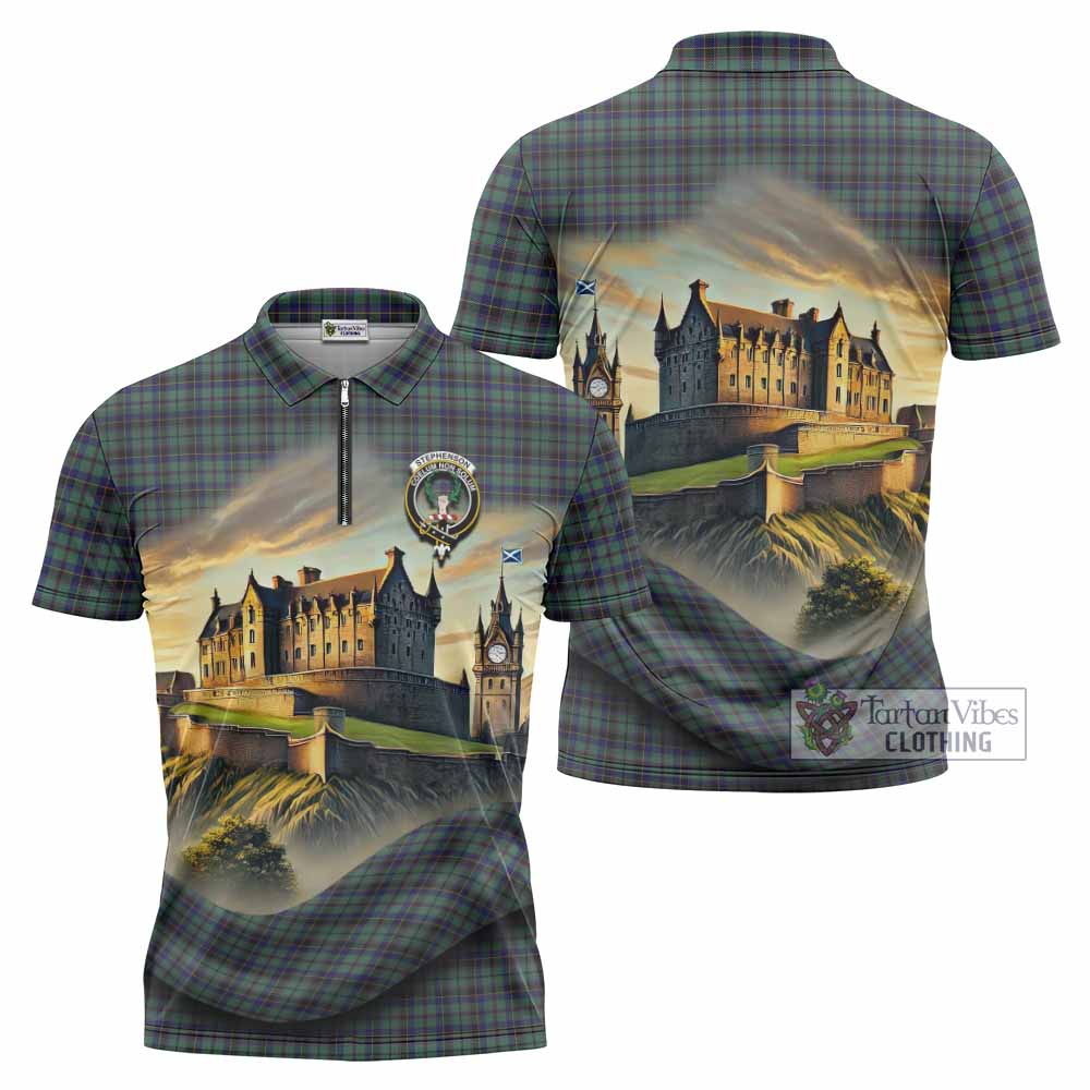 Stephenson (Stevenson) Tartan Family Crest Zipper Polo Shirt with Scottish Ancient Castle Style - Tartan Vibes Clothing