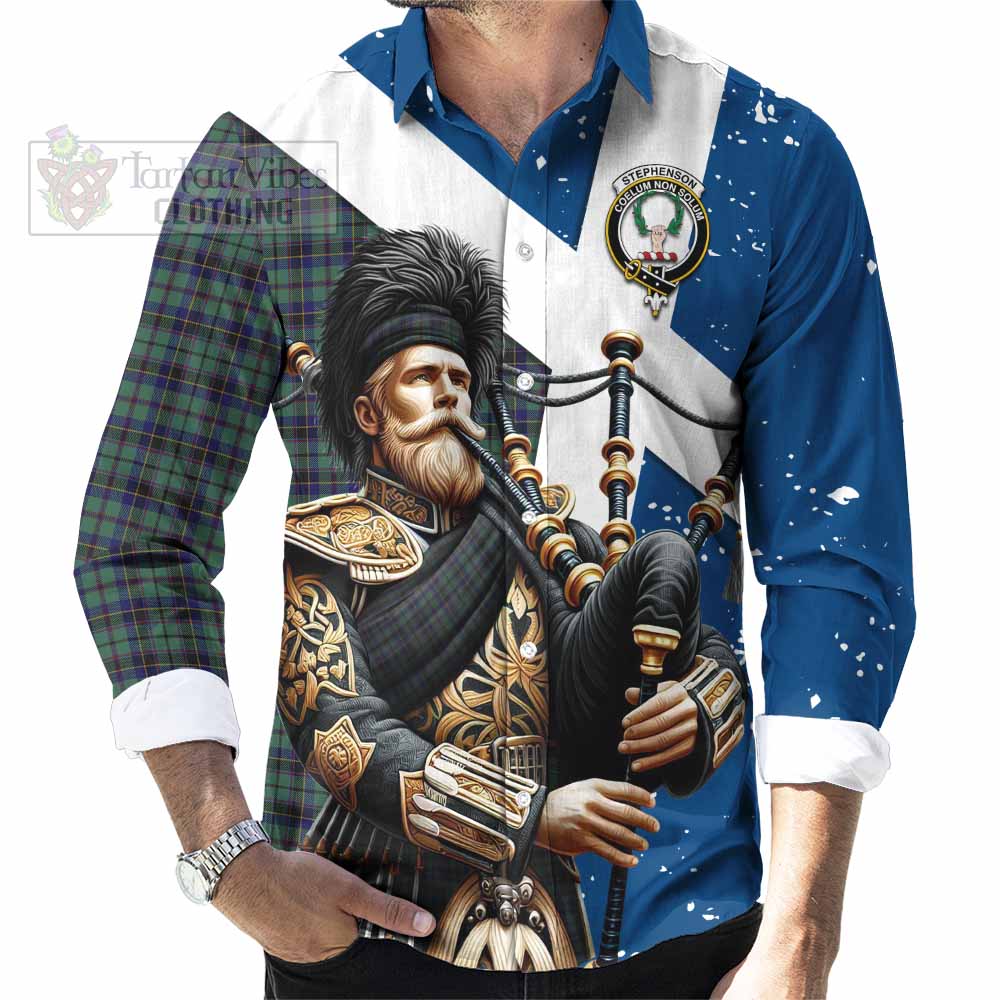 Stephenson (Stevenson) Tartan Long Sleeve Button Shirt with Family Crest Scottish Bagpiper Vibes - Tartan Vibes Clothing