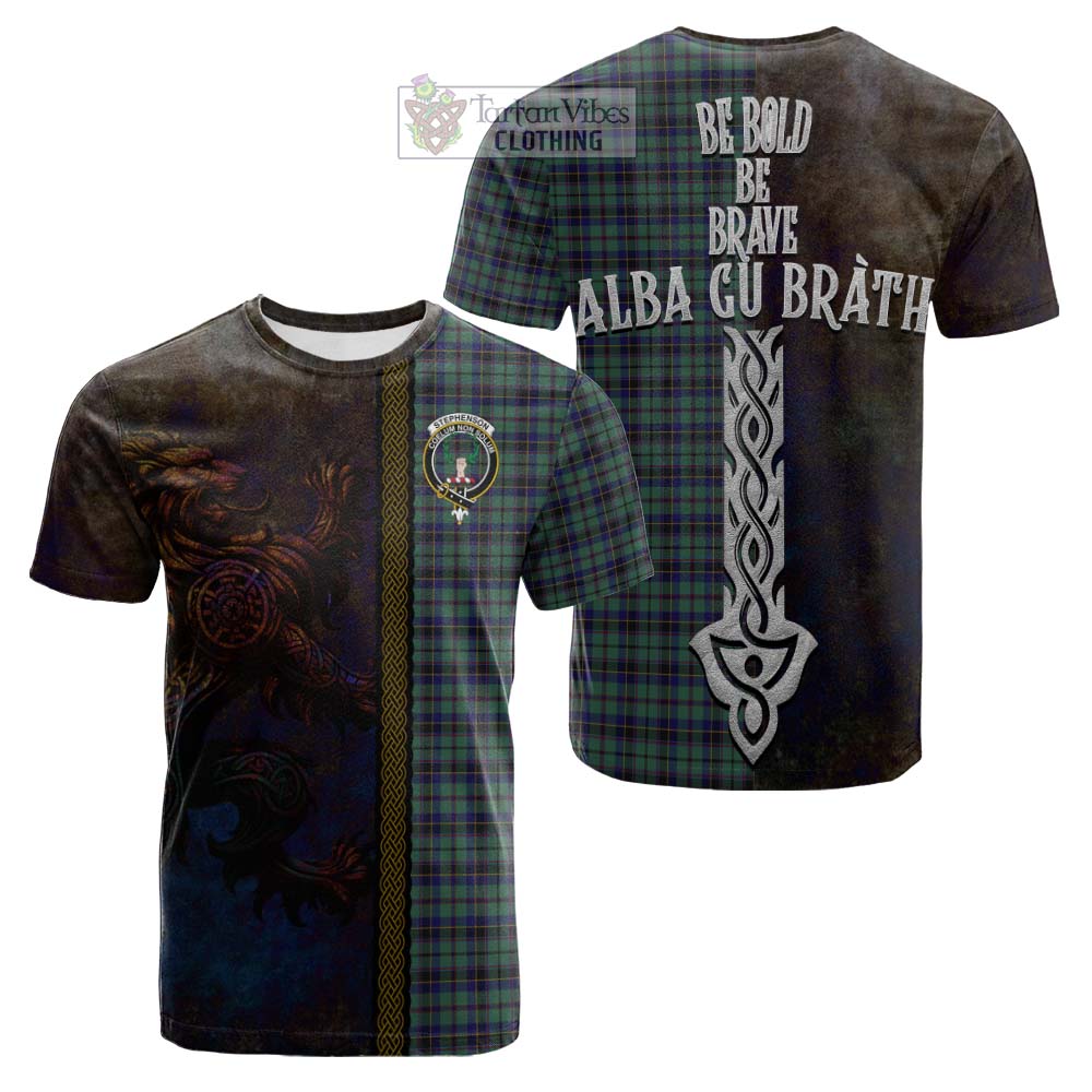Tartan Vibes Clothing Stephenson (Stevenson) Tartan Family Crest Cotton T-shirt Alba Gu Brath Be Brave Lion Ancient Style