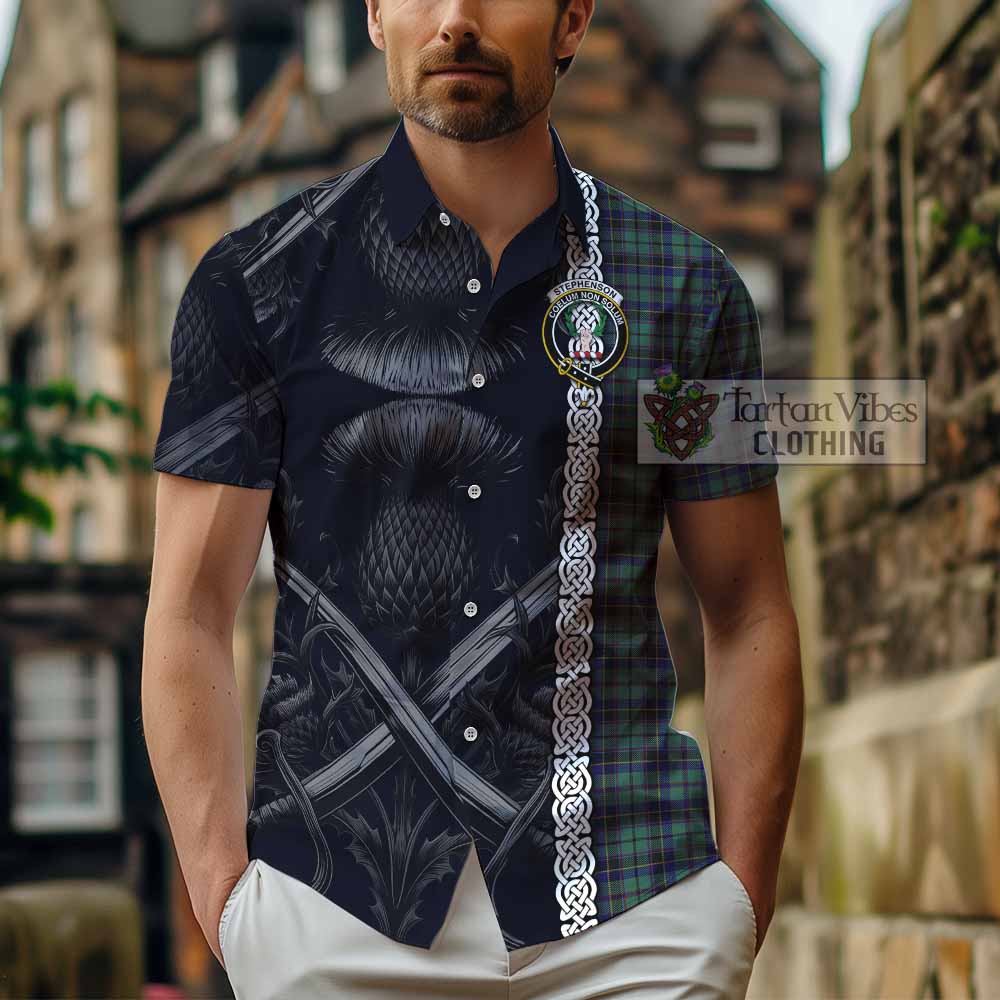 Stephenson (Stevenson) Tartan Hawaiian Shirt with Family Crest Cross Sword Thistle Celtic Vibes - Tartan Vibes Clothing