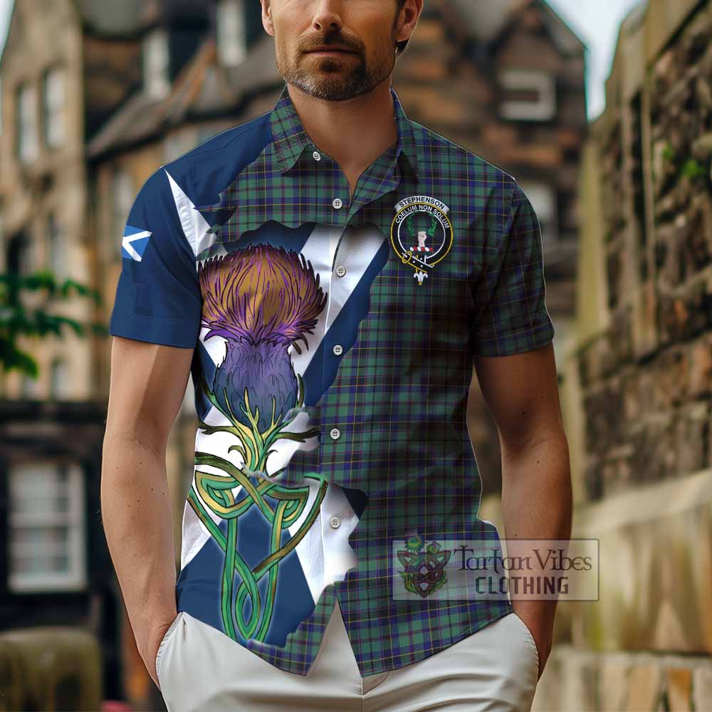 Tartan Vibes Clothing Stephenson (Stevenson) Tartan Family Crest Short Sleeve Button Shirt Scottish Thistle Celtic Inspired