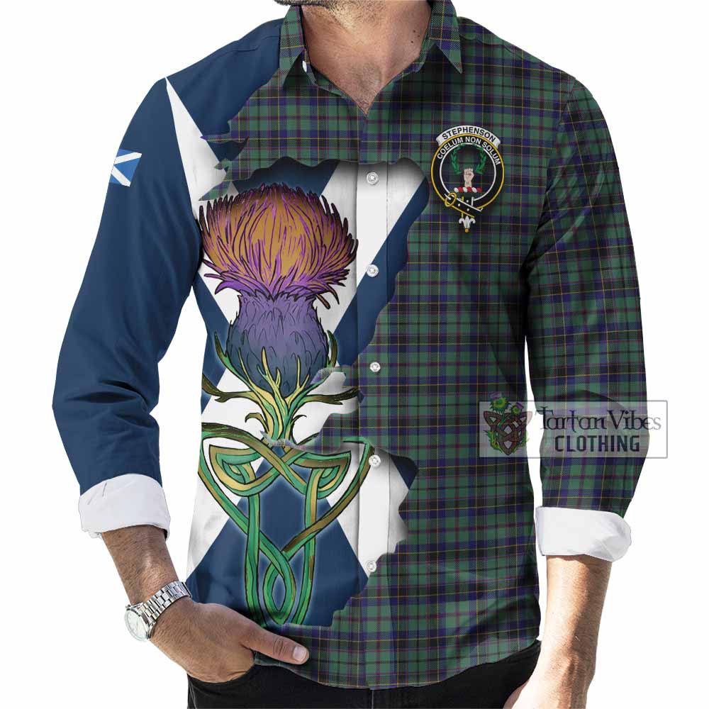 Tartan Vibes Clothing Stephenson (Stevenson) Tartan Family Crest Long Sleeve Button Shirt Scottish Thistle Celtic Inspired