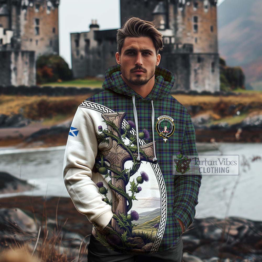 Tartan Vibes Clothing Stephenson (Stevenson) Tartan Cotton Hoodie with Family Crest and St. Andrew's Cross Accented by Thistle Vines