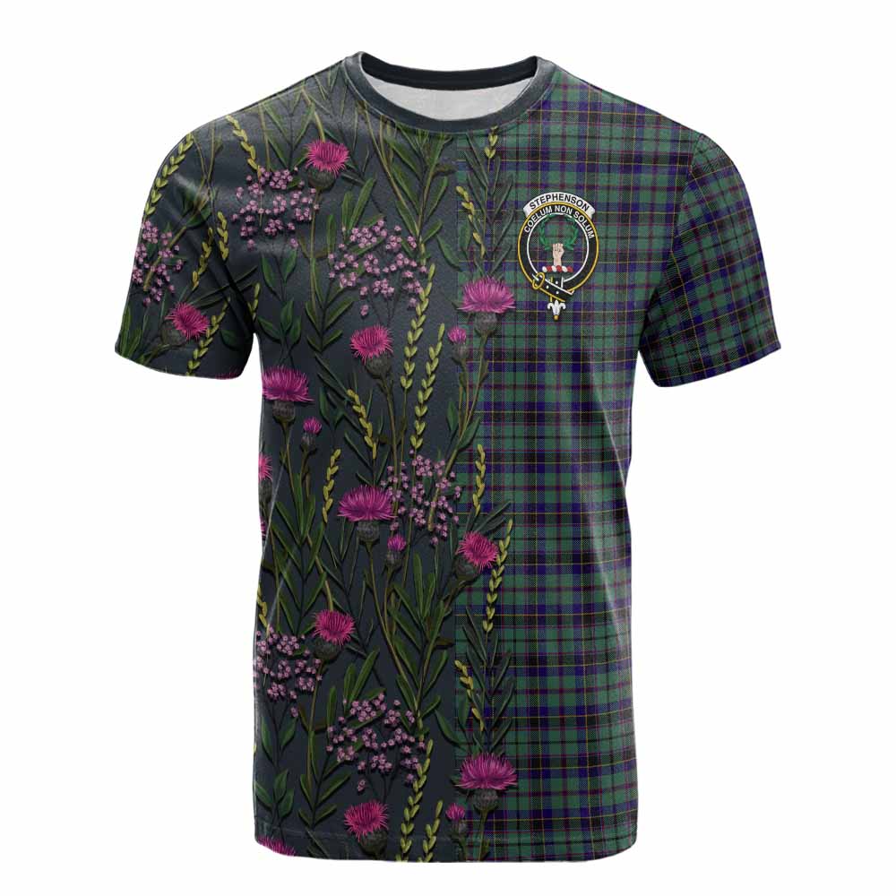 Stephenson (Stevenson) Family Crest Tartan Cotton T-shirt Scottish Thistle Flower Pattern Half Style - Tartan Vibes Clothing