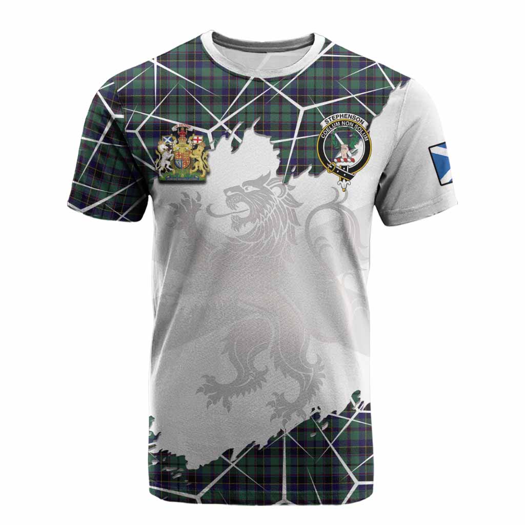 Stephenson (Stevenson) Tartan Cotton T-shirt with Family Crest and Lion Rampant Grunge Style