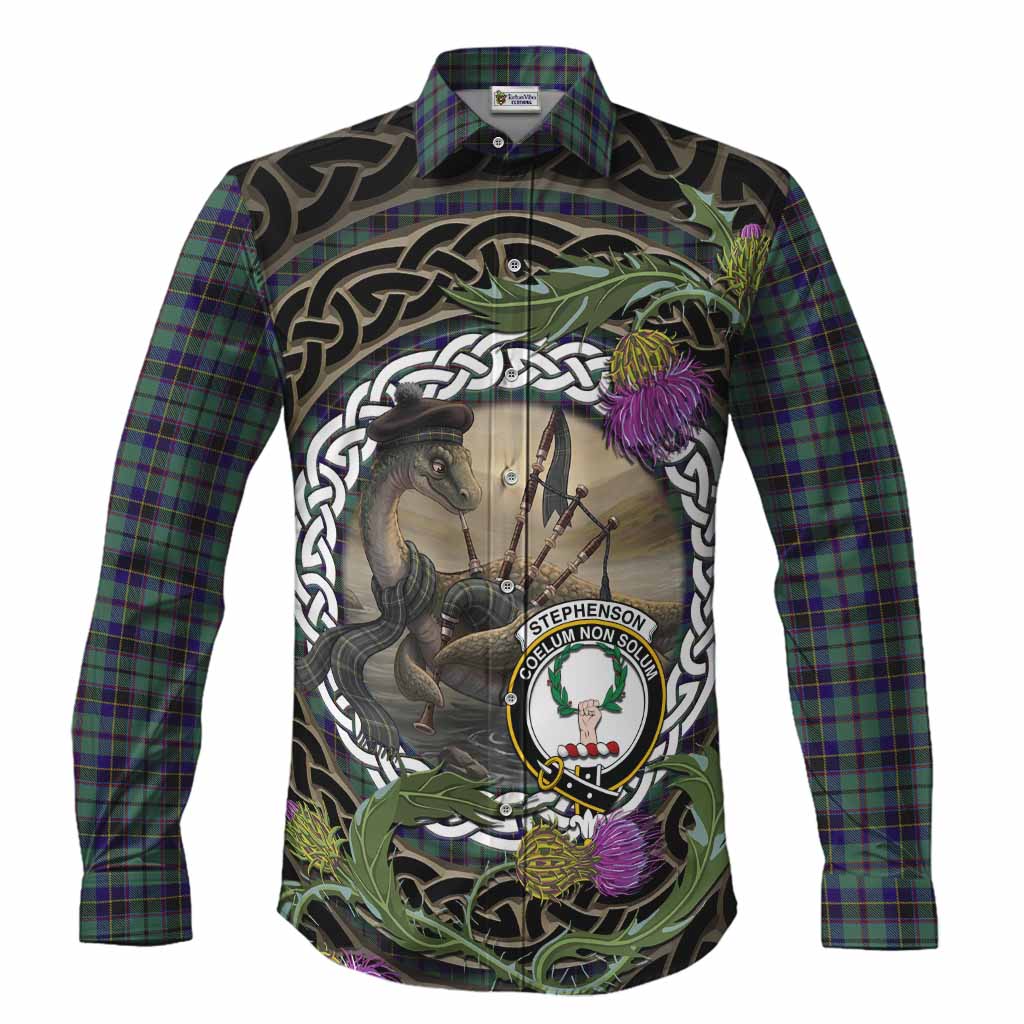 Stephenson (Stevenson) Tartan Crest Bagpipe Nessie Long Sleeve Button Shirts Scottish Loch Ness Monster Celtic Thistle