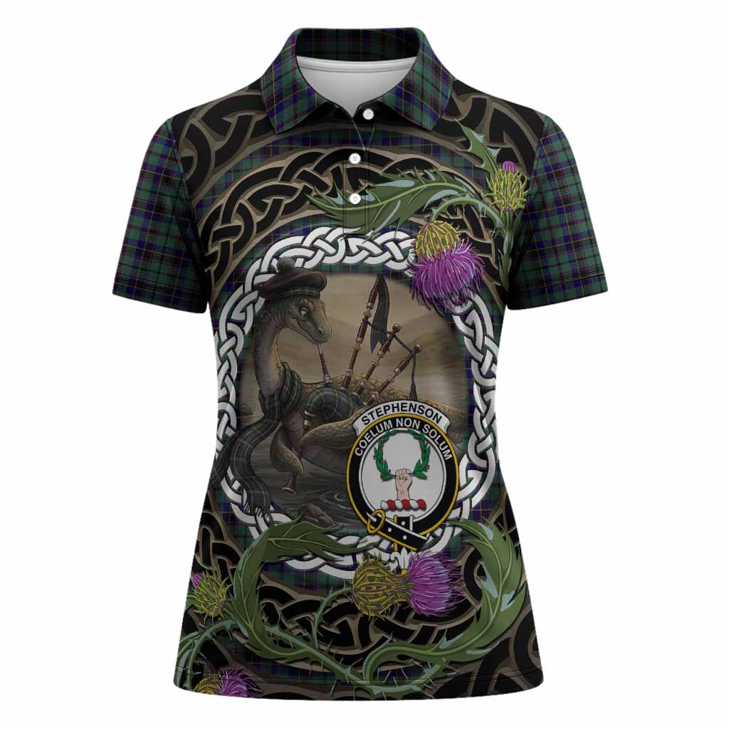 Stephenson (Stevenson) Tartan Crest Bagpipe Nessie Women Polo Shirt Scottish Loch Ness Monster Celtic Thistle
